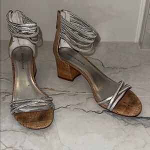 Silver and Tan (cork)Heels with Block Heel by Donald J Pliner